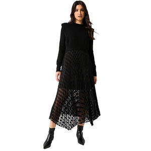 NEW, Allsaints Leia Dott 2-In-1 Pleated Midi Dress - Black Size S #S7492